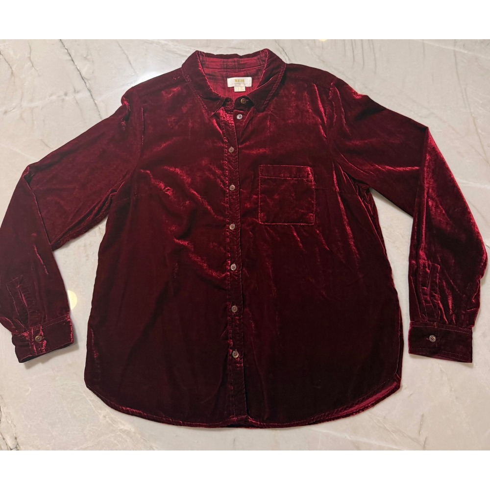 Maeve Anthropologie Burgundy Velvet Button Down Shirt Long Sleeve Sz 12 #157